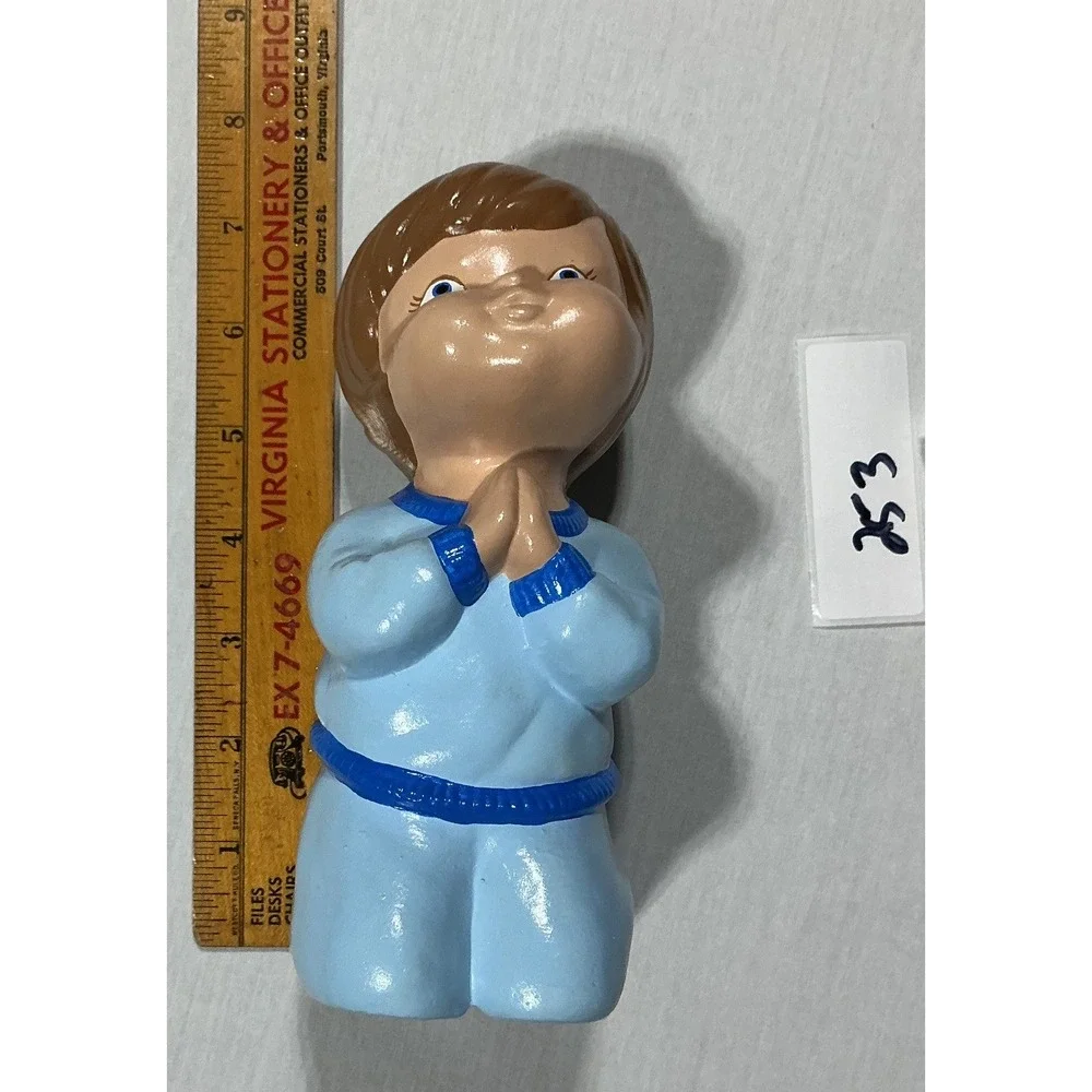 Vintage Praying Boy Figurine Blue Pajamas Kneeling Ceramic Chalkware Japan